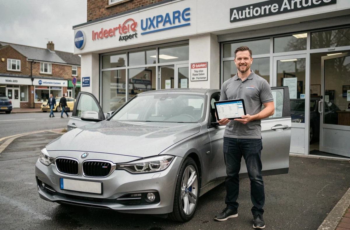 Expert automobile indépendant spécialisé BMW avec tablette de diagnostic devant son atelier, solution économique alternative à la concession