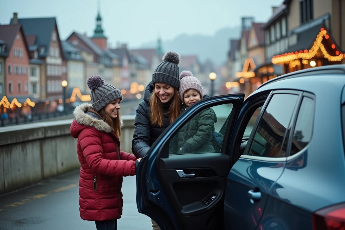 Famille en hiver près de leur voiture à Colmar