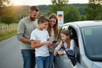 Famille souriante près d'une voiture en escapade printanière
