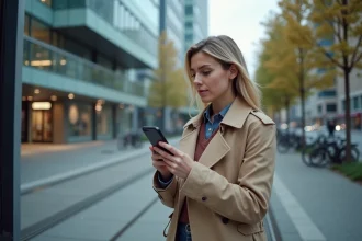 Femme consultant une application de suivi en temps réel du tramway T5 sur son smartphone à un arrêt urbain