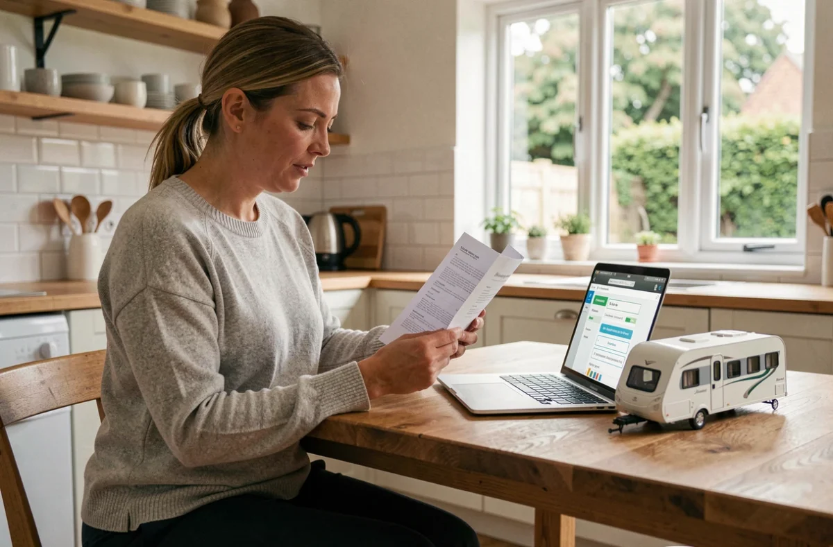 Femme consultant un contrat d'assurance caravane et un comparateur en ligne depuis son domicile