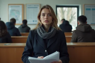 Jeune femme pensive dans un bureau administratif français