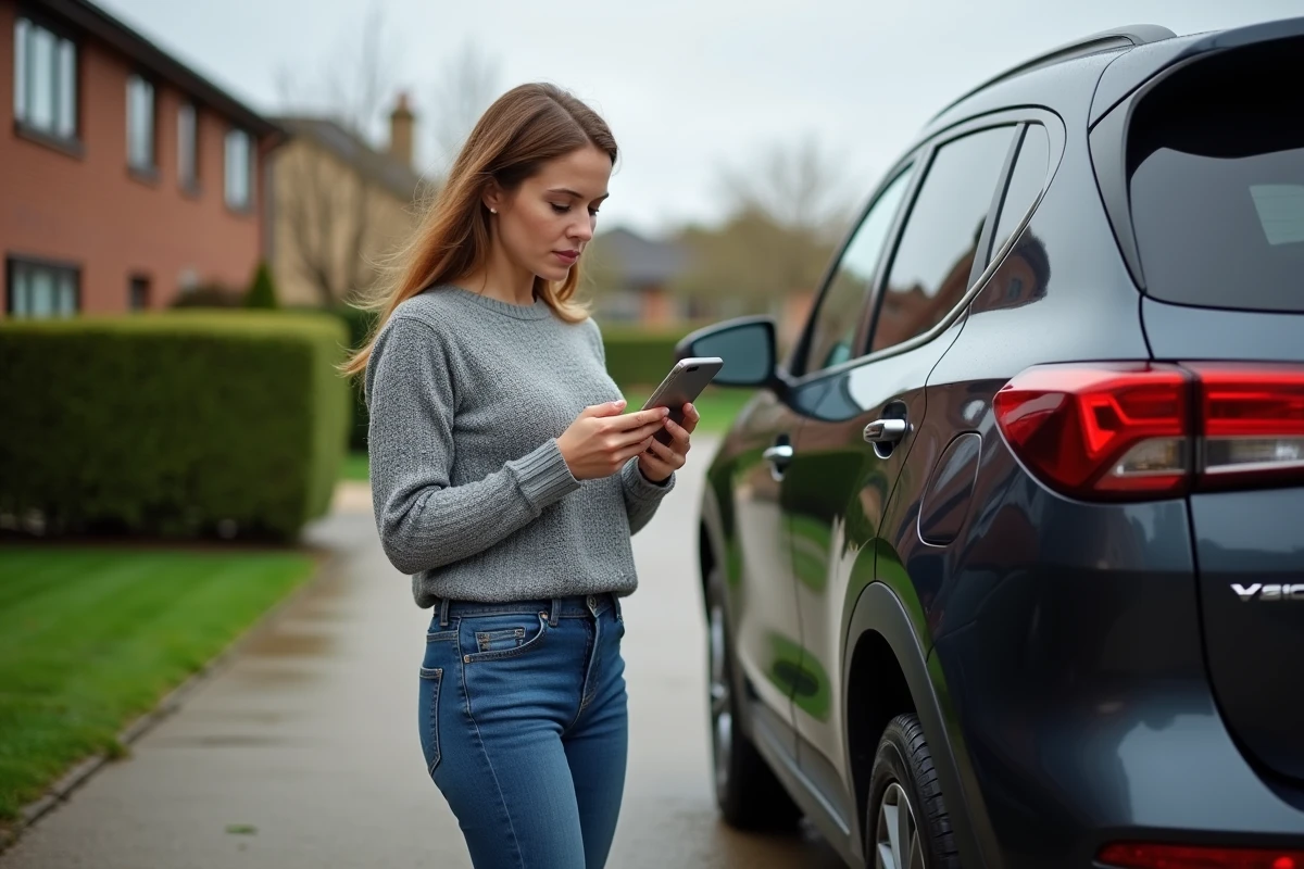 Femme consultant un calculateur de taille de pneu sur smartphone devant son SUV dans une allée résidentielle