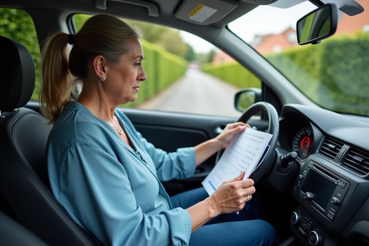 Femme conduisant une voiture en vérifiant un tableau de conversion vitesse