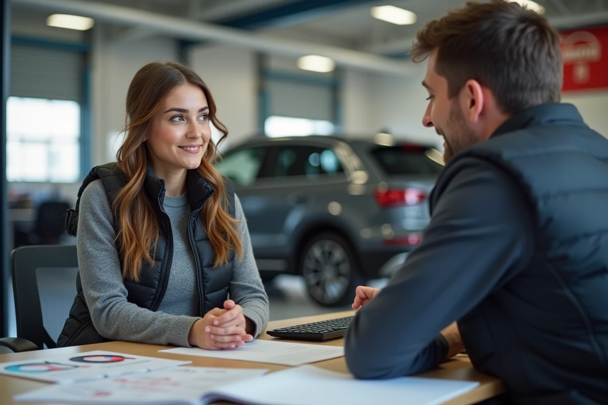 Jeune femme consulte un conseiller en réparation auto dans un bureau moderne