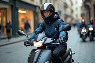 Femme débutante assise sur un scooter 3 roues en milieu urbain, équipée d'un casque intégral et d'une veste moto textile