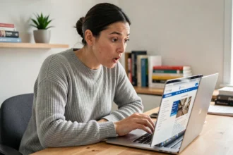 Femme découvrant des fonctions cachées du site 209.fr sur son ordinateur portable dans un bureau à domicile moderne