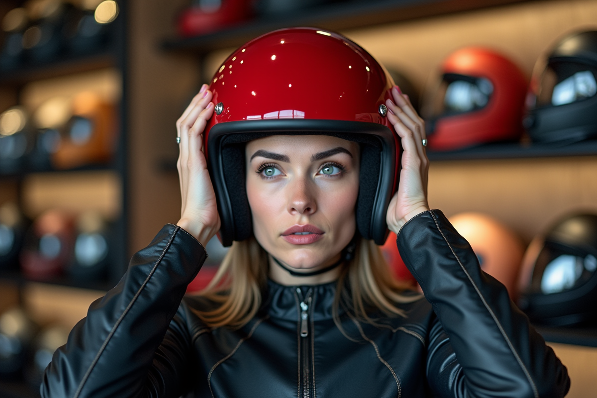 Femme vérifiant son casque moto rouge en showroom