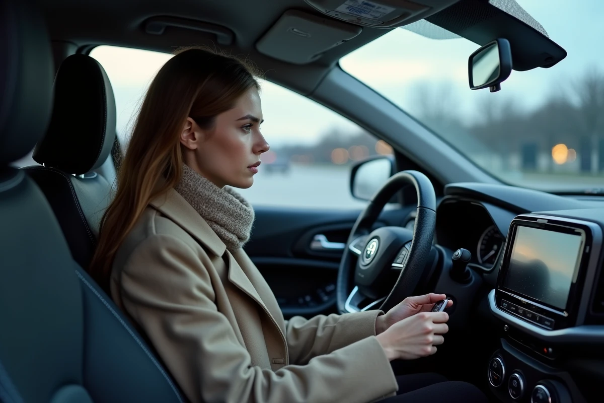 Jeune femme contrôlant le tableau de bord dans une voiture