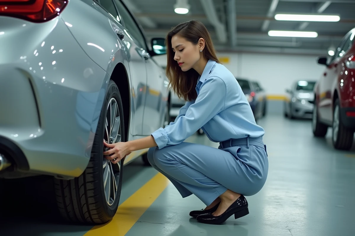 Jeune femme inspectant le pneu d