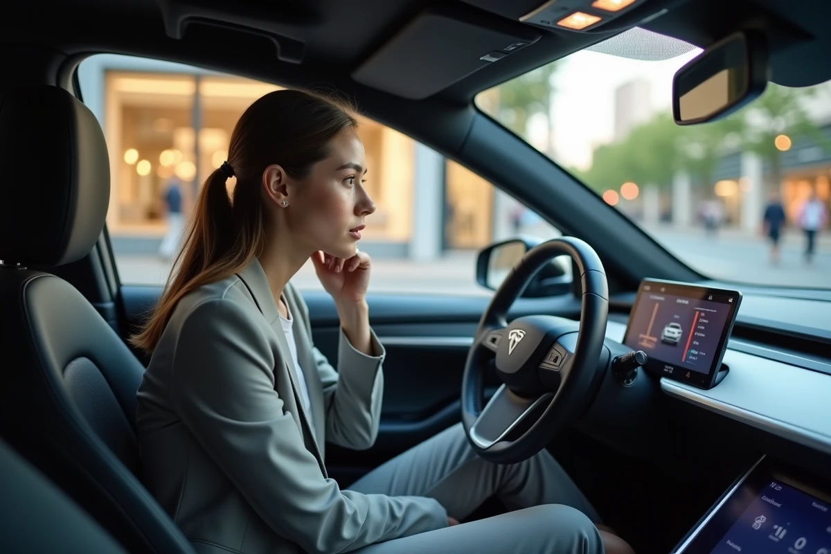 Jeune femme dans voiture électrique examine l