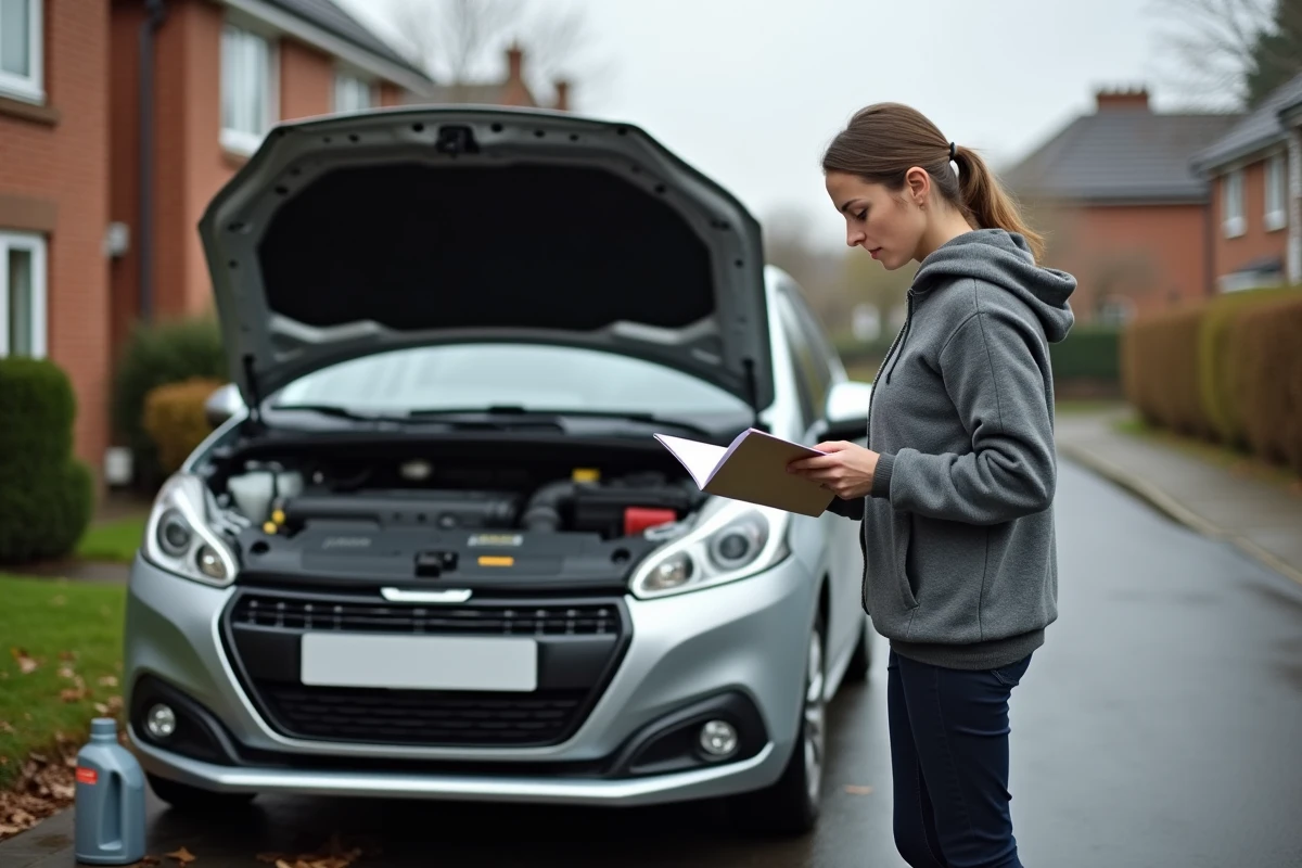 Femme consultant le manuel d'utilisation d'une Peugeot 208 argentée avec une bouteille d'huile 0W30 posée sur le cache moteur dans une allée résidentielle