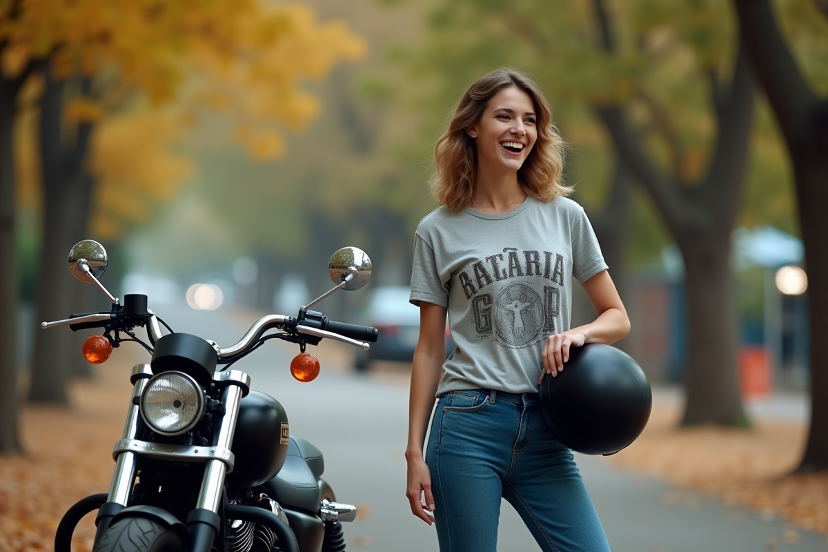 Jeune femme en denim avec moto en discussion dehors