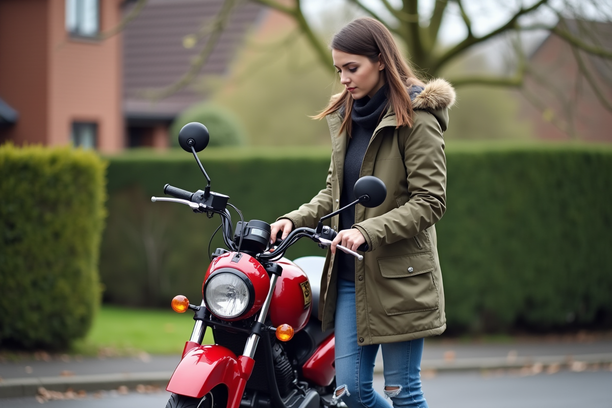 Jeune femme examine la moto rouge 125cc dans la cour