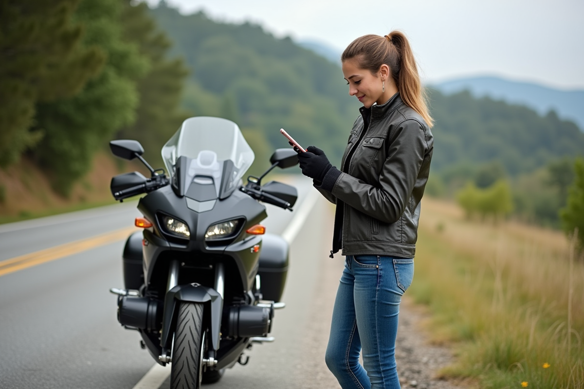 Jeune femme vérifiant son itinéraire Waze à la campagne