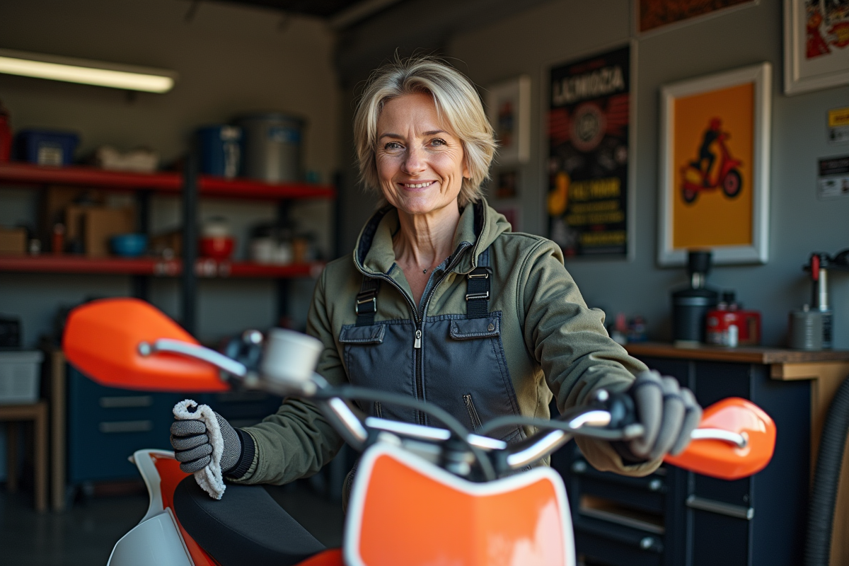 Femme nettoyant une moto 125cc dans un garage organisé