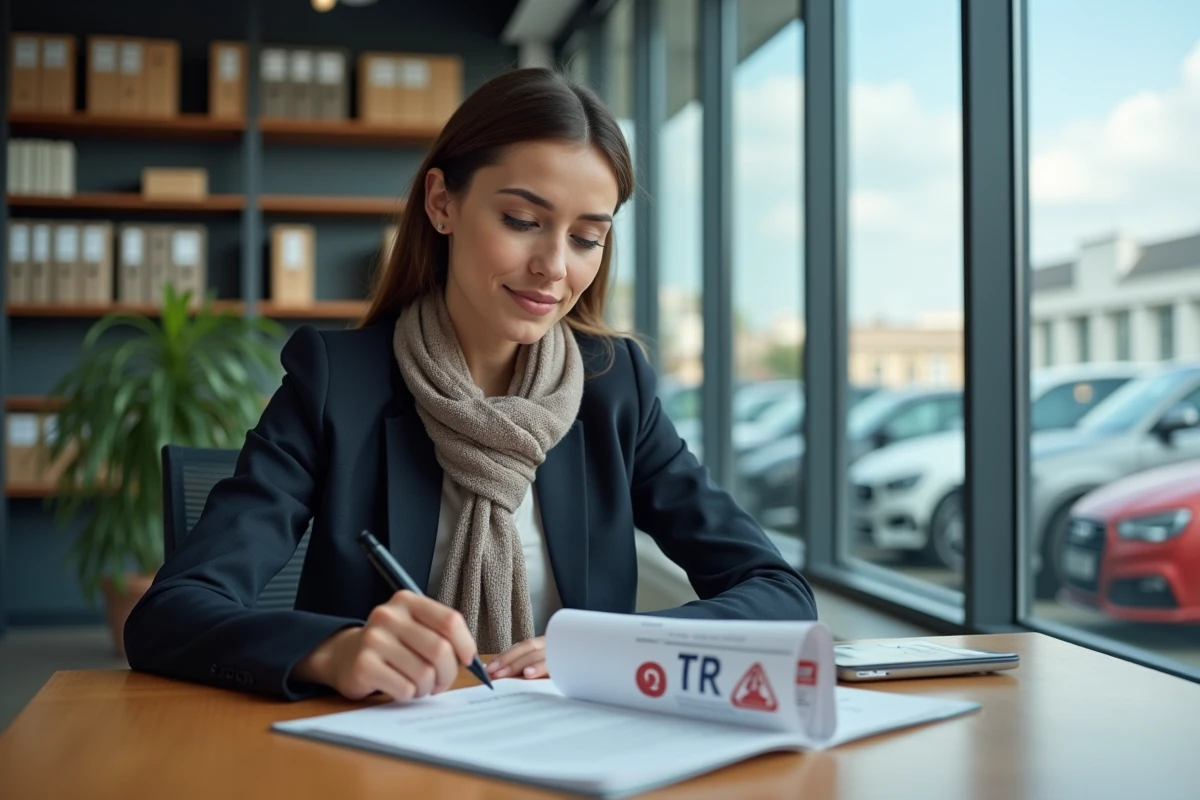 Jeune femme au bureau examinant une plaque d
