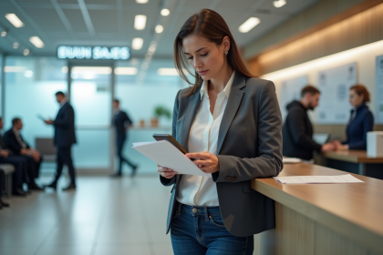 Femme d'âge moyen utilisant son smartphone à un guichet administratif