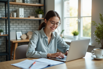 Jeune femme remplissant un formulaire d'assurance en ligne à la maison