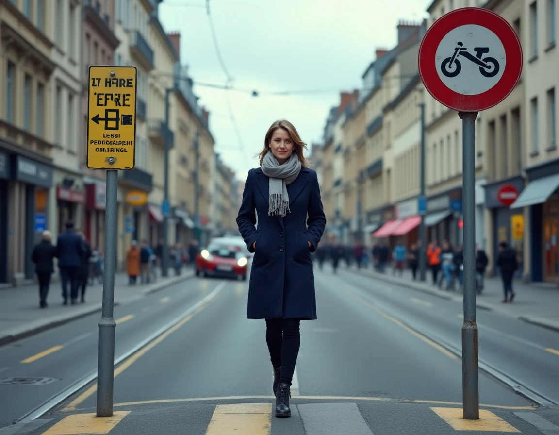 Femme passant devant un panneau de Zone à Faibles Émissions avec classification Crit'Air en ville, symbolisant les nouvelles règles de circulation urbaine