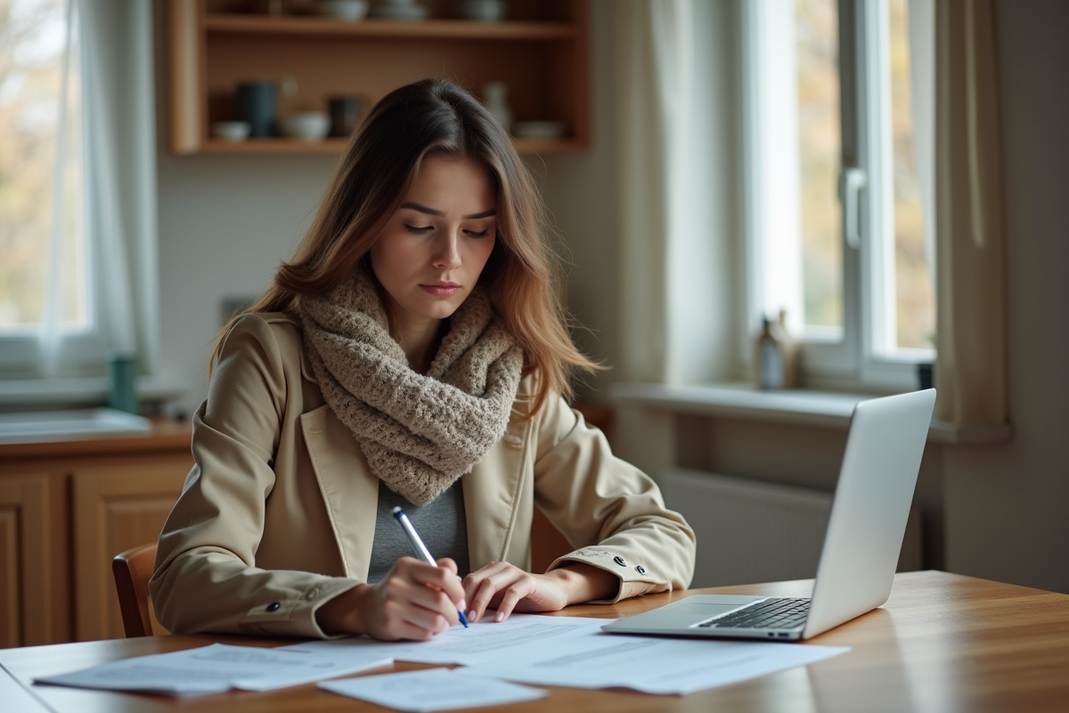 Jeune femme remplissant des papiers dans une cuisine chaleureuse