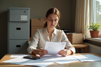 Femme examinant des papiers de relocation dans une cuisine
