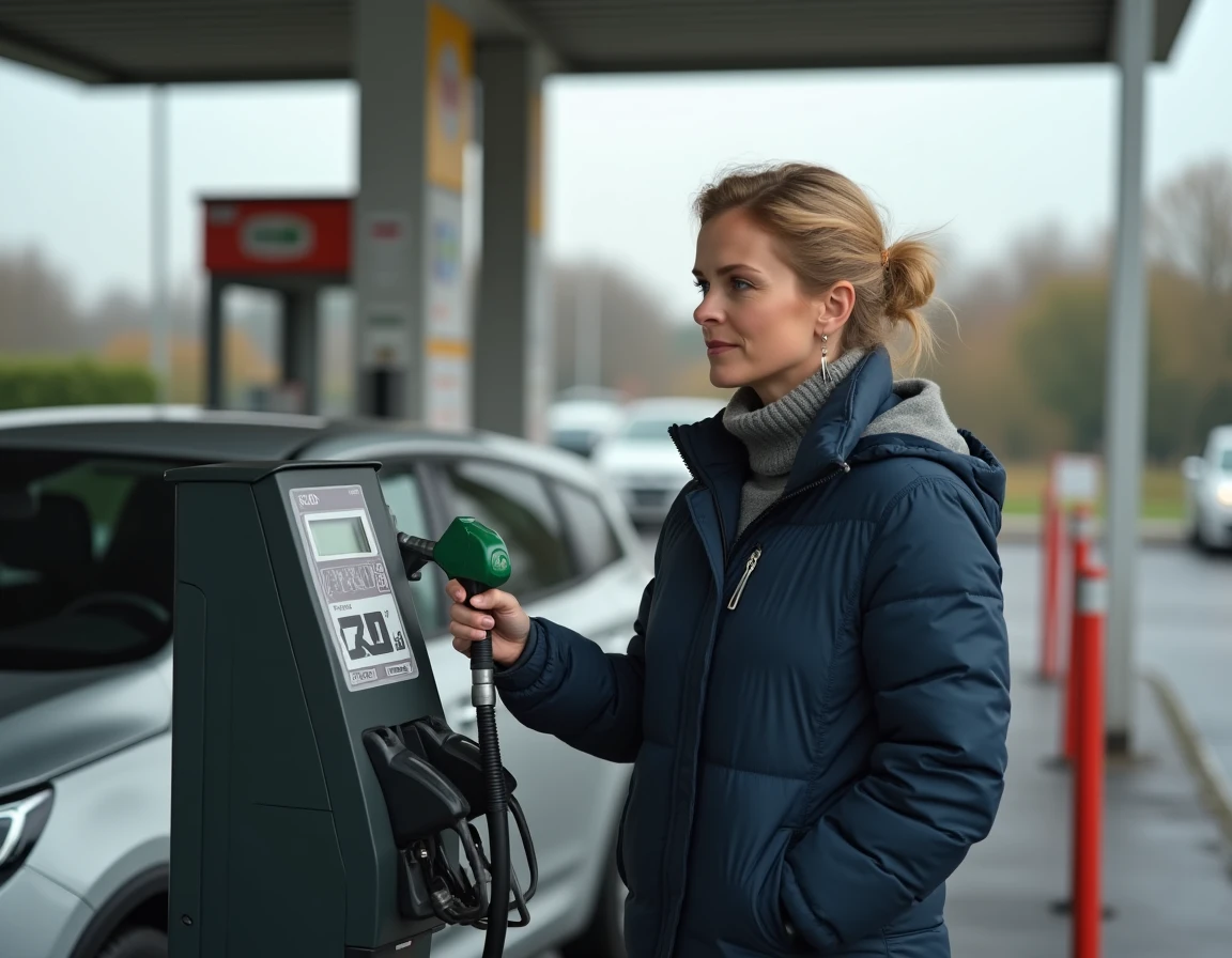 Femme faisant le plein de carburant dans une station-service d'autoroute en France en regardant le prix affiché