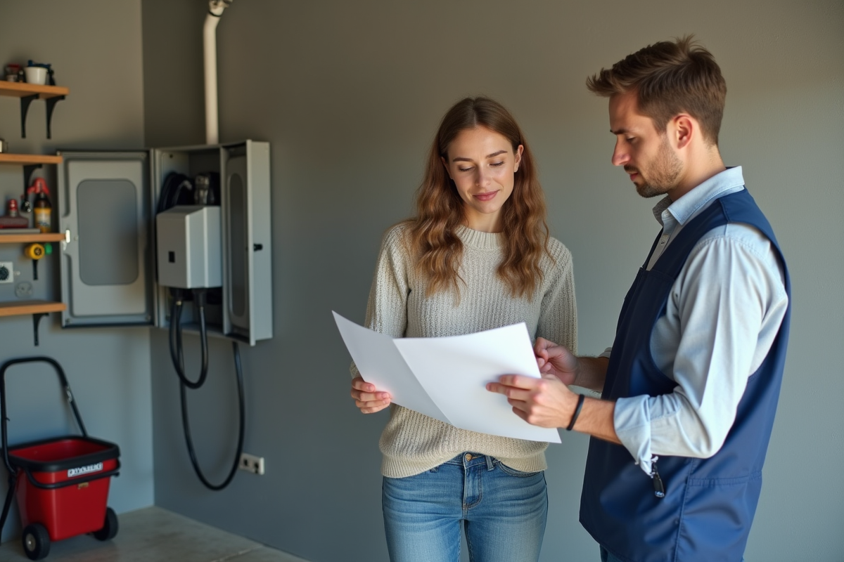 Jeune femme vérifiant documents avec technicien dans garage moderne