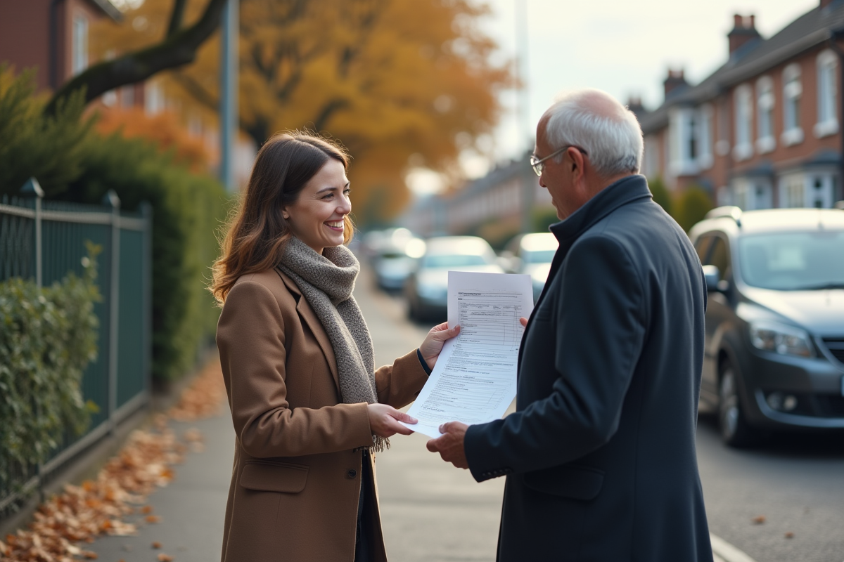 Jeune femme donnant un formulaire de transfert de véhicule à un homme dehors