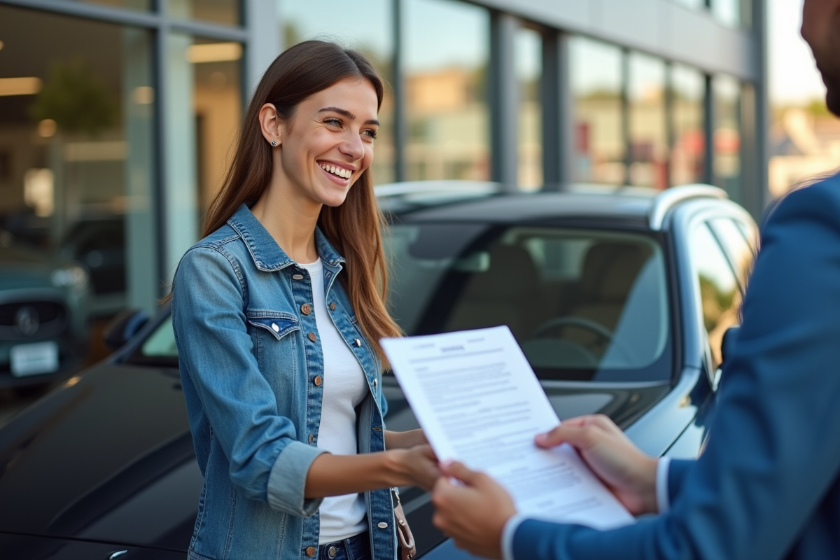 Jeune femme souriante remettant des clés de voiture