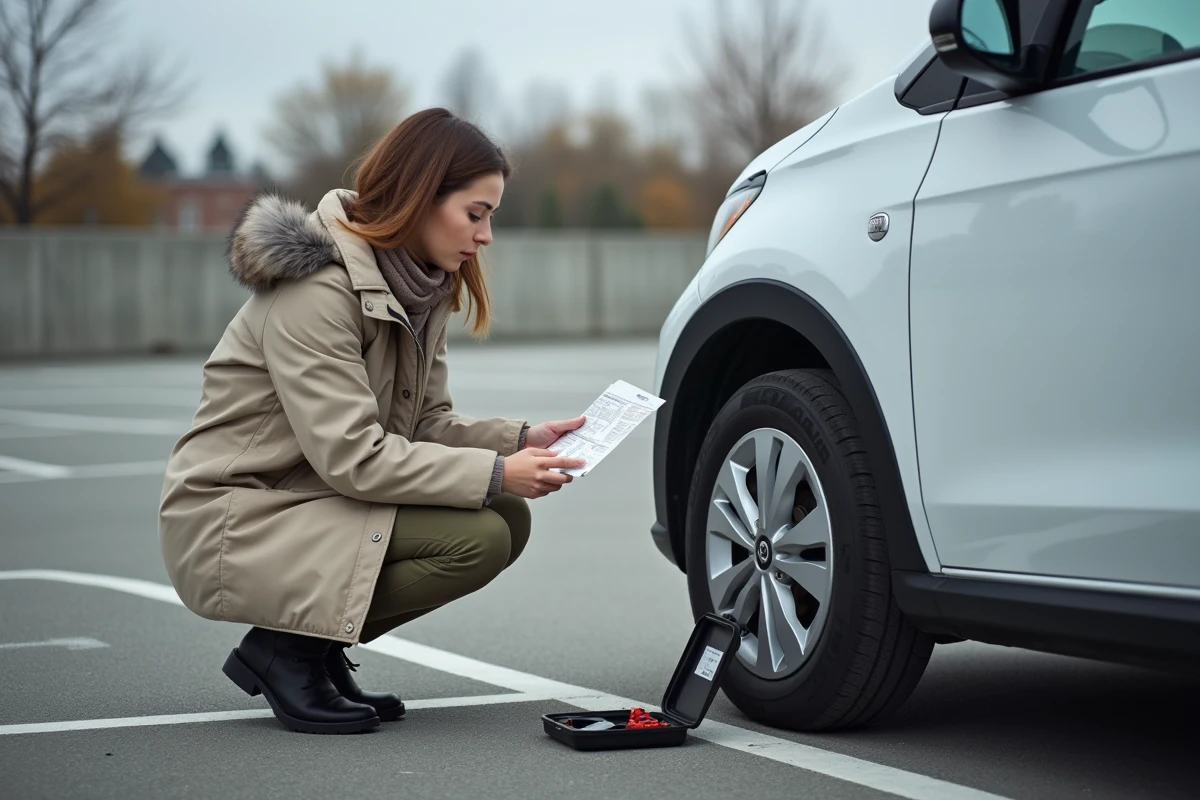 Jeune femme répare un pneu dans un parking urbain