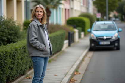 Femme en rue résidentielle française avec voiture partiellement stationnée
