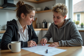 Femme et adolescent discutent documents d'assurance voiture