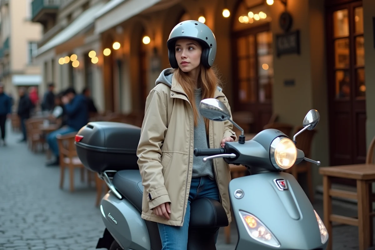 Femme avec casque près d’un scooter devant un café urbain