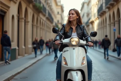 Jeune femme en scooter dans une ville européenne