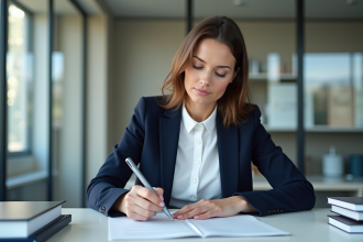 Femme en blazer signant des documents officiels