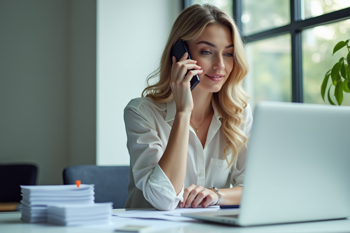Femme utilisant son smartphone sur un bureau lumineux