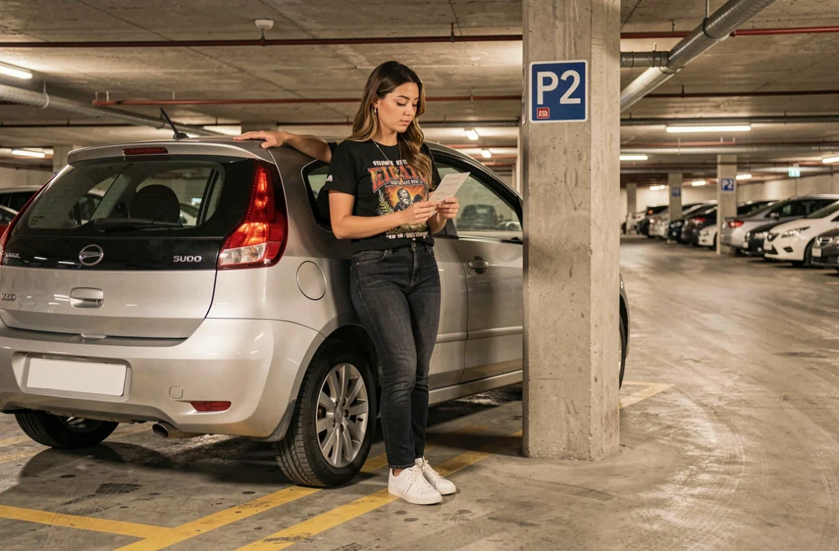 Femme consultant son ticket de parking P2 à côté de sa voiture dans le stationnement couvert du Stade de France lors d'un concert