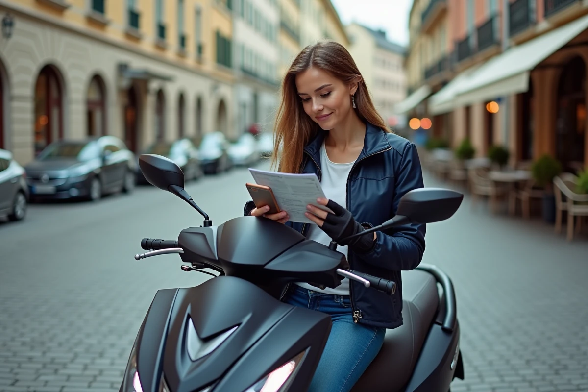Une femme assise sur un TMAX 2026 compare les prix et les avis clients sur son smartphone en milieu urbain