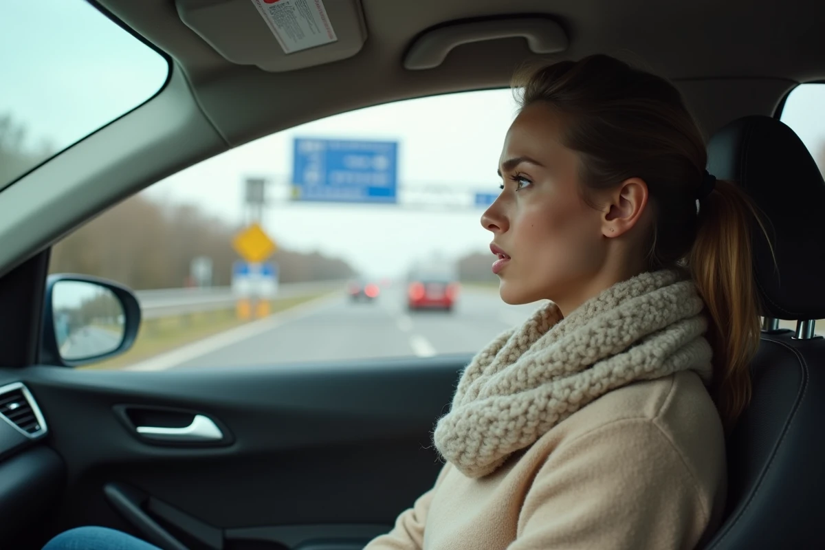 Jeune femme dans la voiture observant le péage