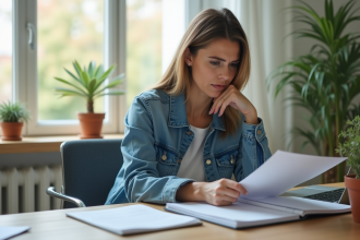 Femme réfléchissant à un document dans un bureau moderne