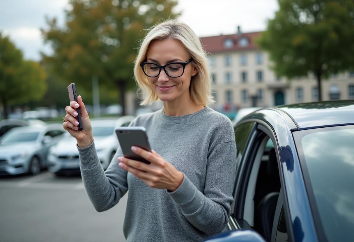 Femme vérifie permis sur smartphone à côté de sa voiture