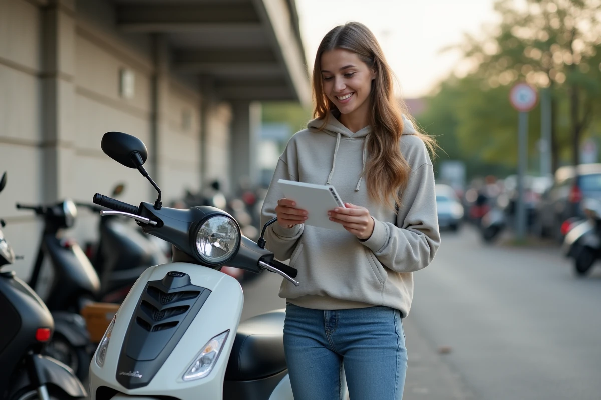 Femme vérifiant son permis moto à côté d