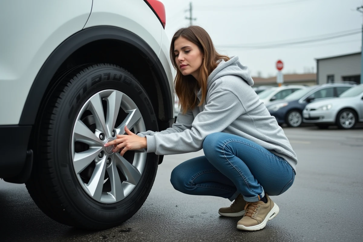 Femme examinant la durite de frein ABS d'un véhicule d'occasion dans un parking de concessionnaire automobile