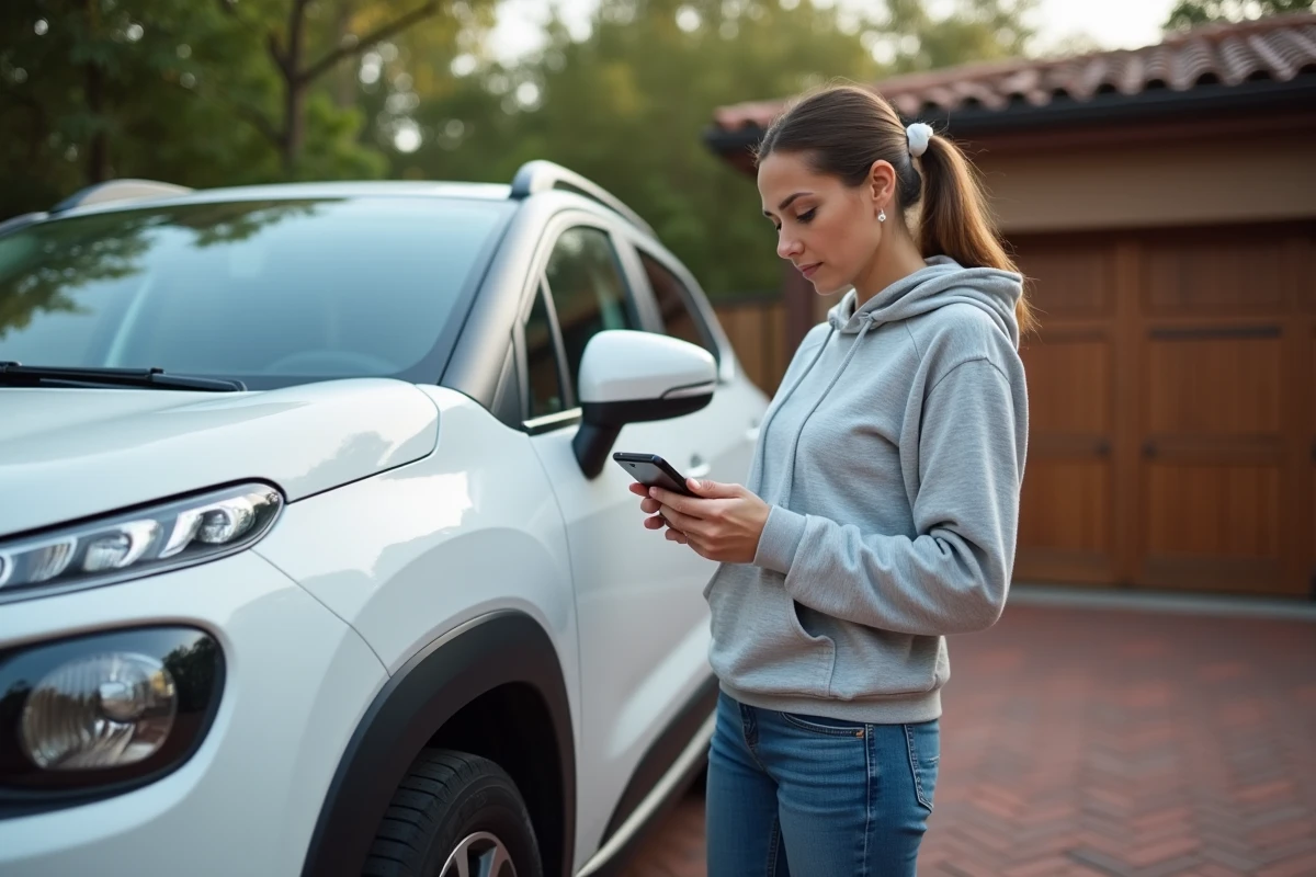 Femme examinant le pneu avant usé de son SUV dans une allée résidentielle tout en consultant une application de suivi kilométrique