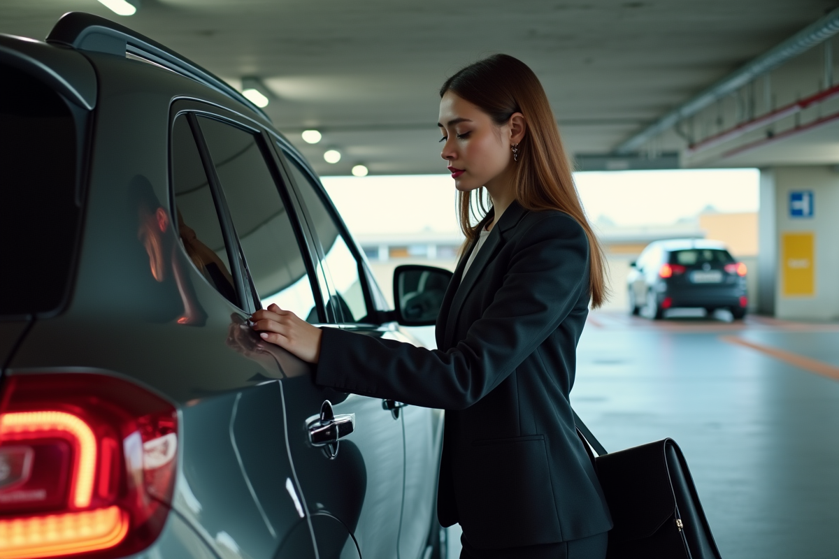 Jeune femme en costume vérifie la poignée de son SUV en parking