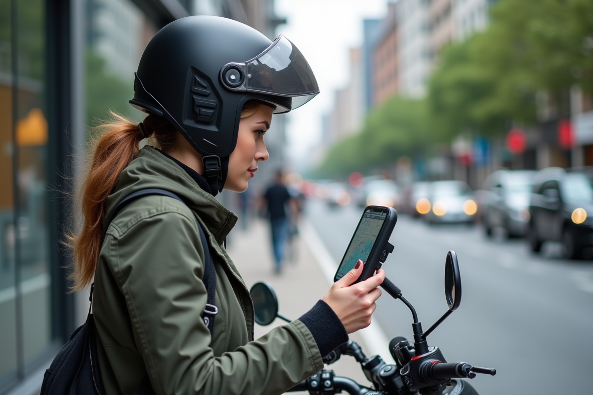 Femme en ville vérifiant GPS sur moto