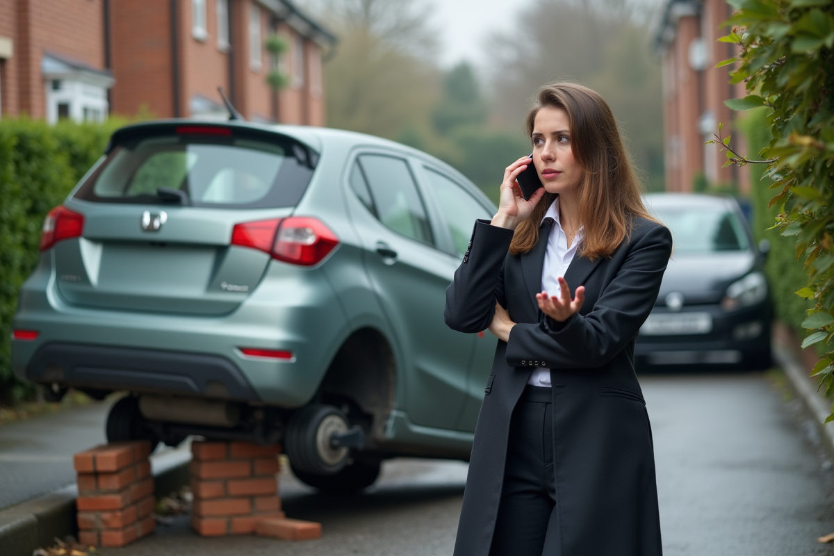 Jeune femme d affaires près de sa voiture sans roues sur la rue