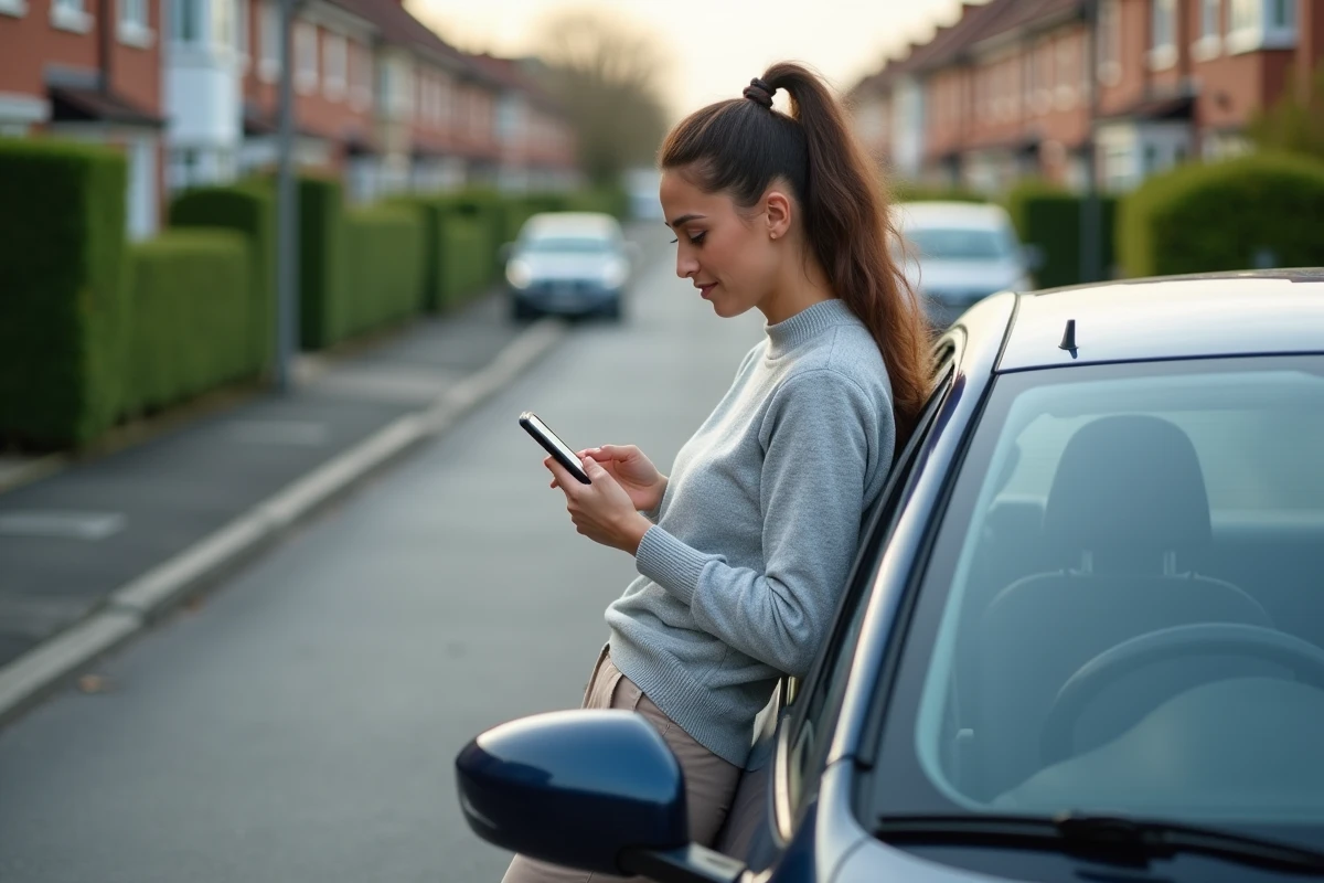 Jeune femme utilisant un calculateur de coût de carburant devant sa voiture