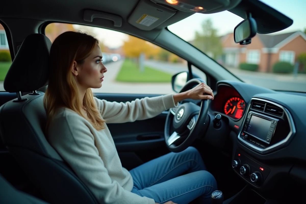 Jeune femme examinant les voyants du tableau de bord d